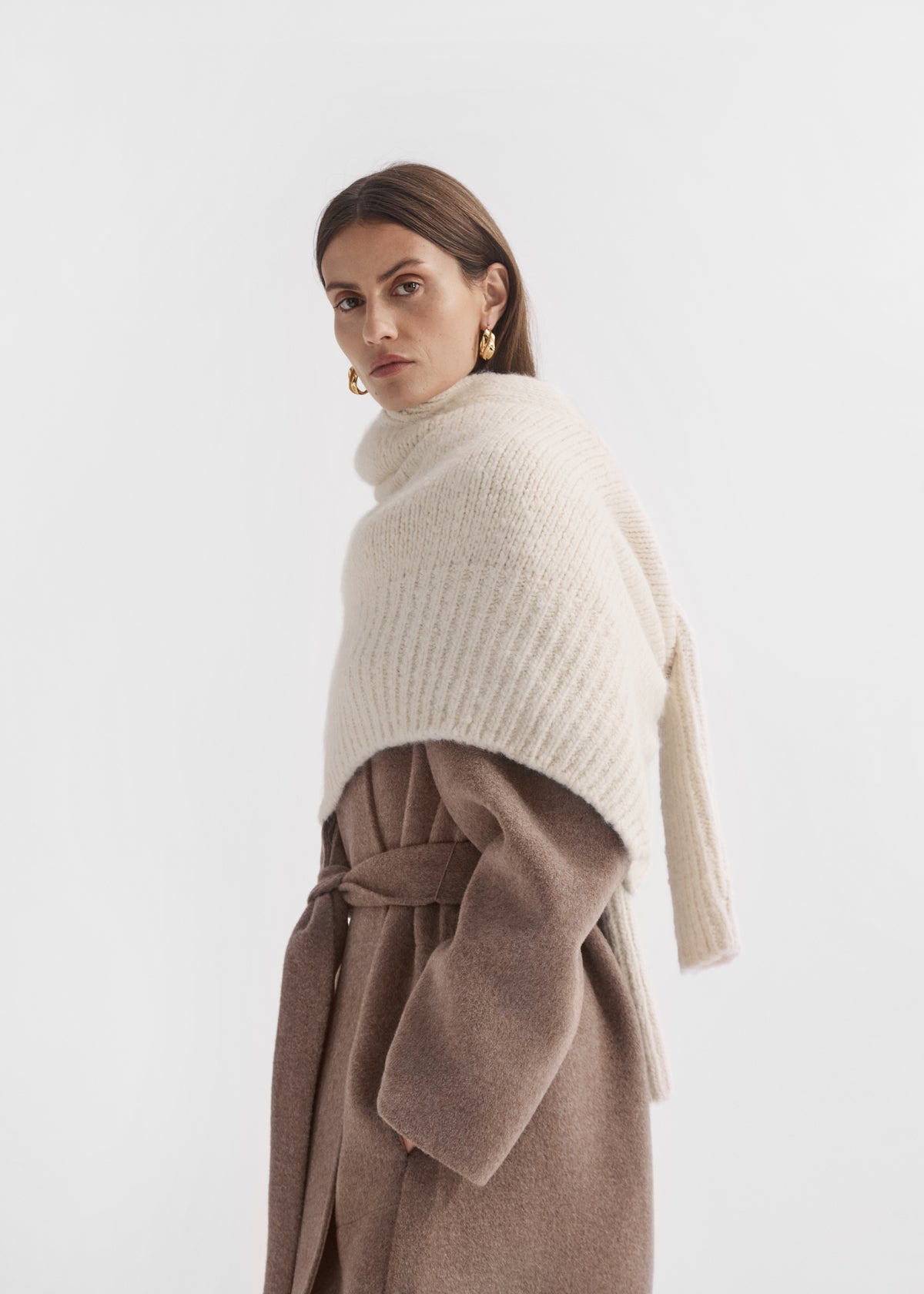 Wrap Coat in Double Faced Wool Cashmere  - Brown Melange, image 5 of 6