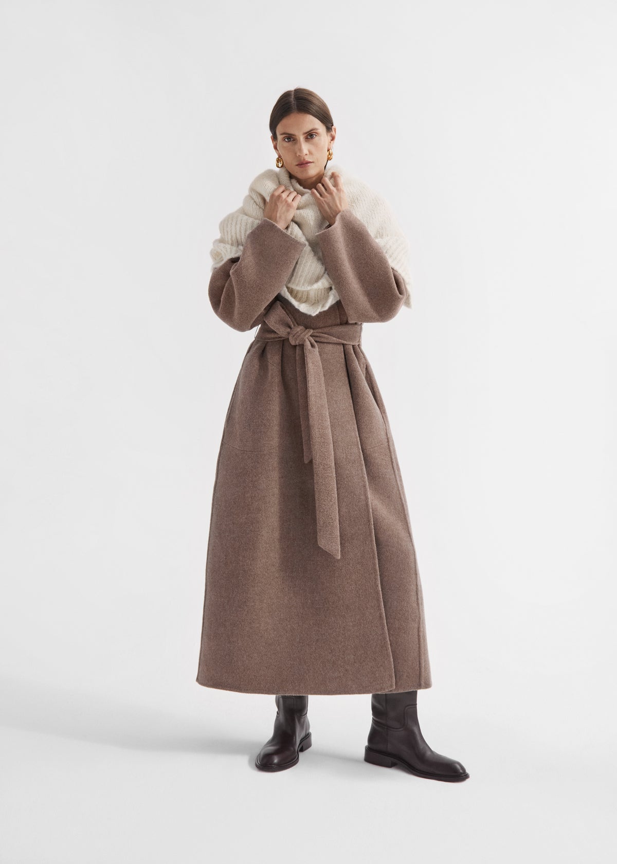 Wrap Coat in Double Faced Wool Cashmere  - Brown Melange, image 2 of 6