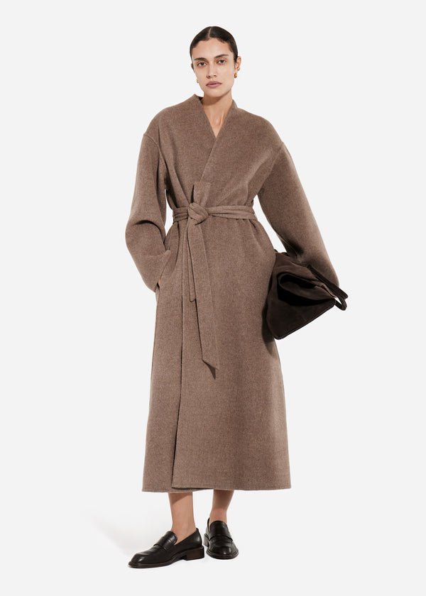 Wrap Coat in Double Faced Wool Cashmere  - Brown Melange - CO