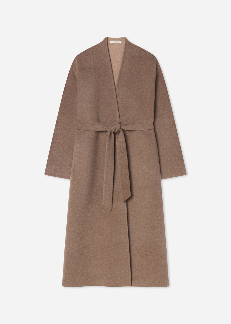 Wrap Coat in Double Faced Wool Cashmere  - Brown Melange - CO