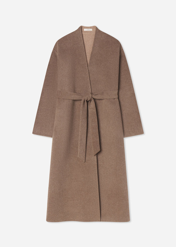 Wrap Coat in Double Faced Wool Cashmere  - Brown Melange - CO