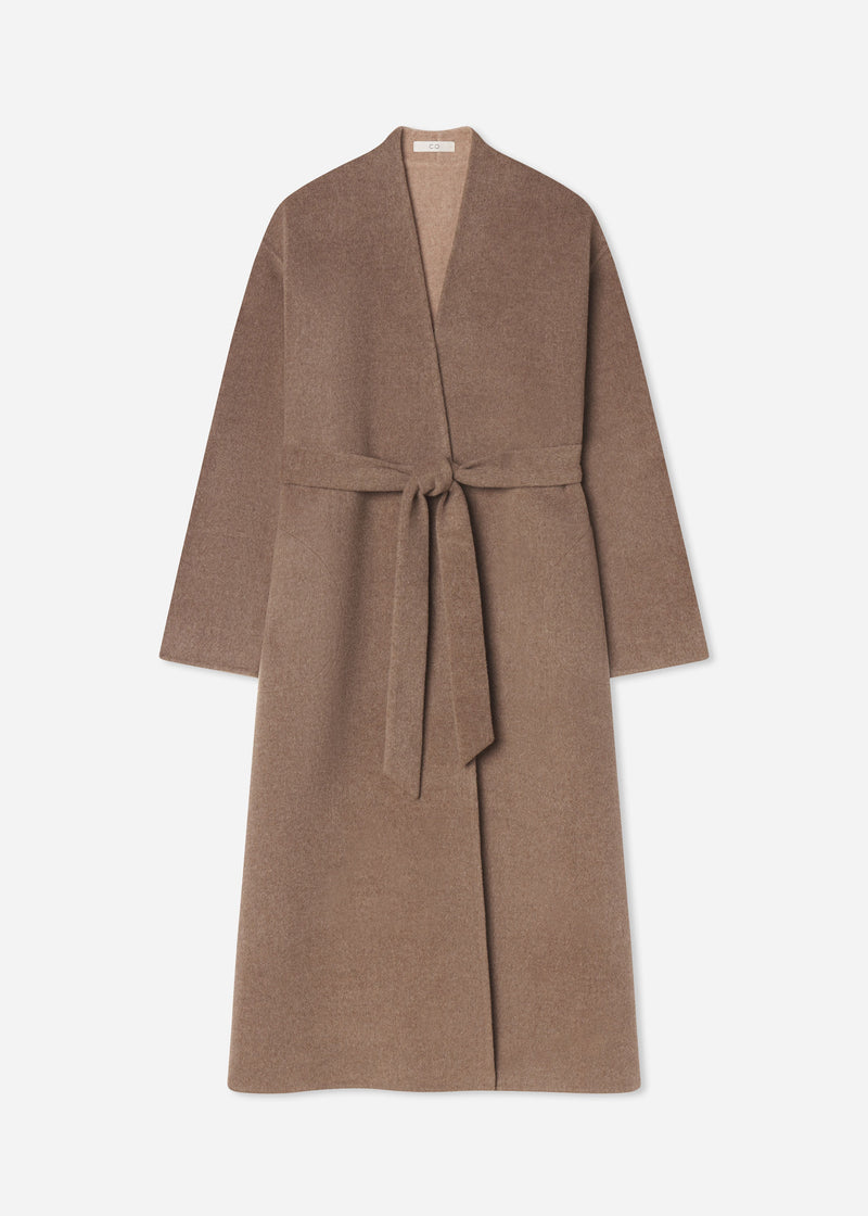 Wrap Coat in Double Faced Wool Cashmere  - Brown Melange - CO