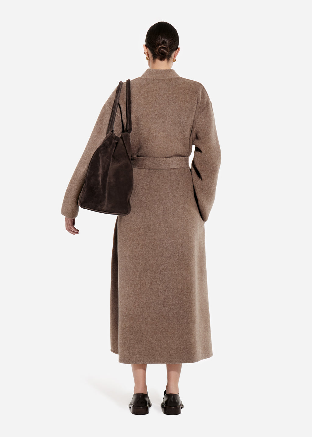 Wrap Coat in Double Faced Wool Cashmere  - Brown Melange - CO