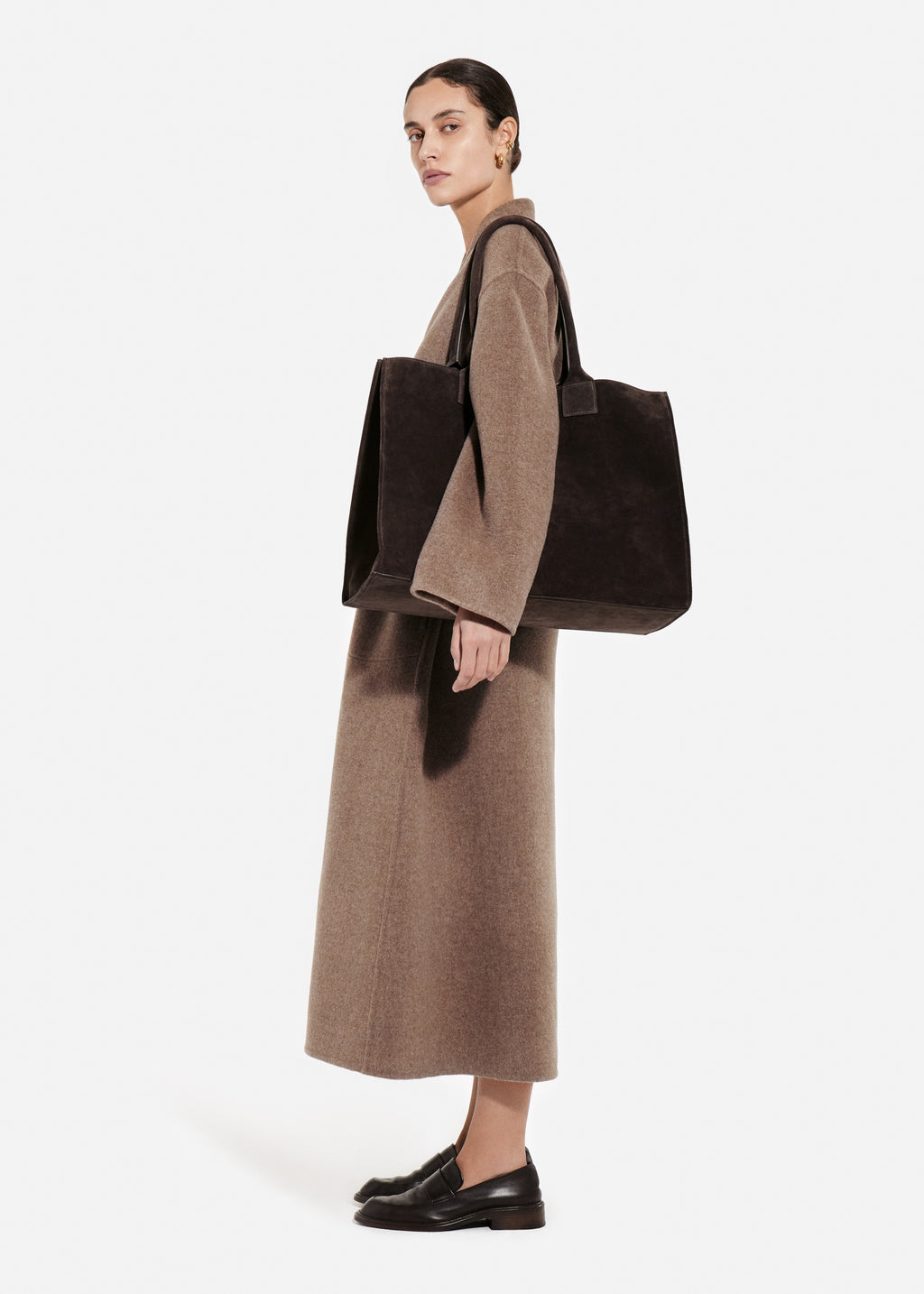 Wrap Coat in Double Faced Wool Cashmere  - Brown Melange - CO