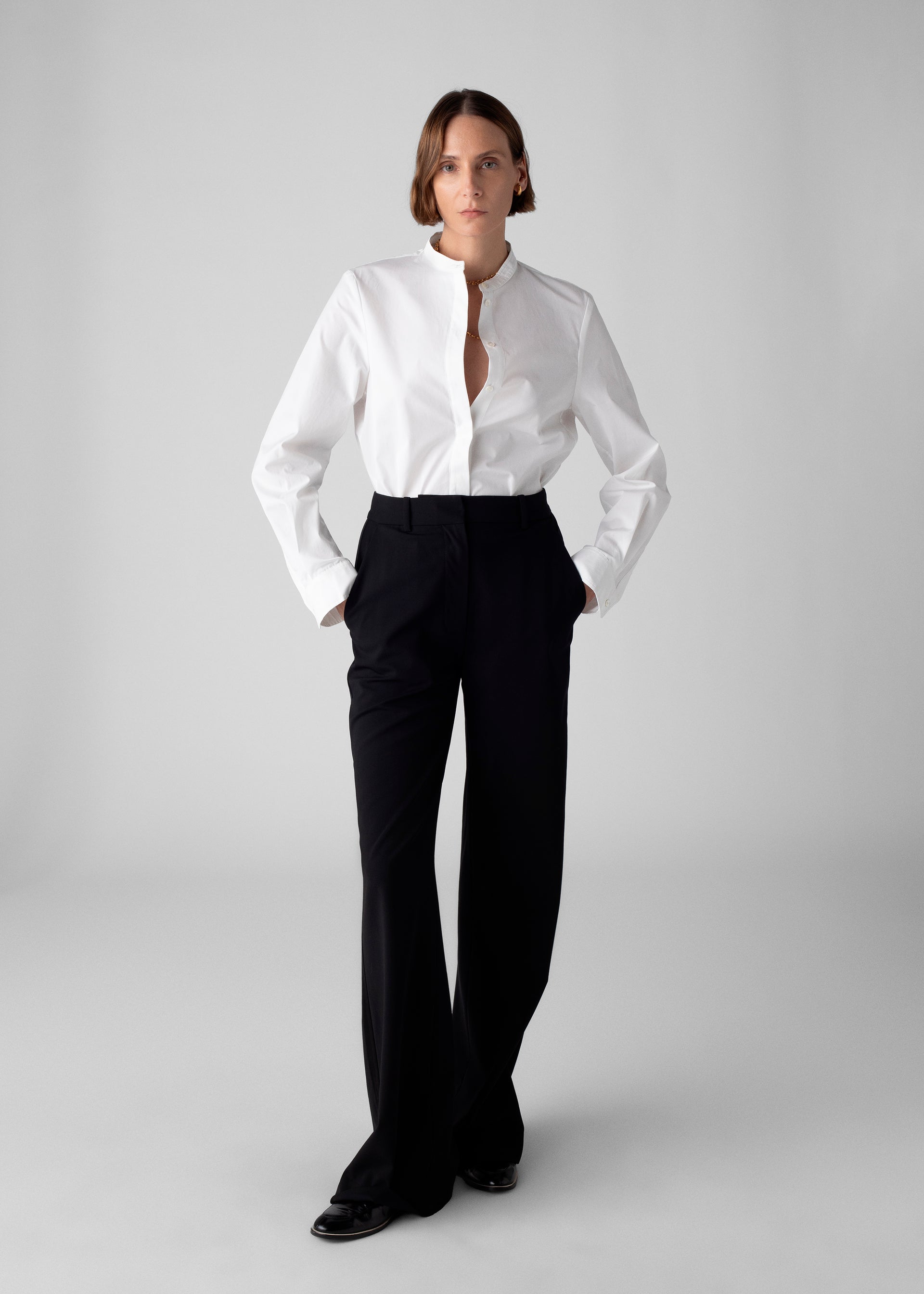 Stand Collar Tuxedo Shirt in Cotton - White - CO