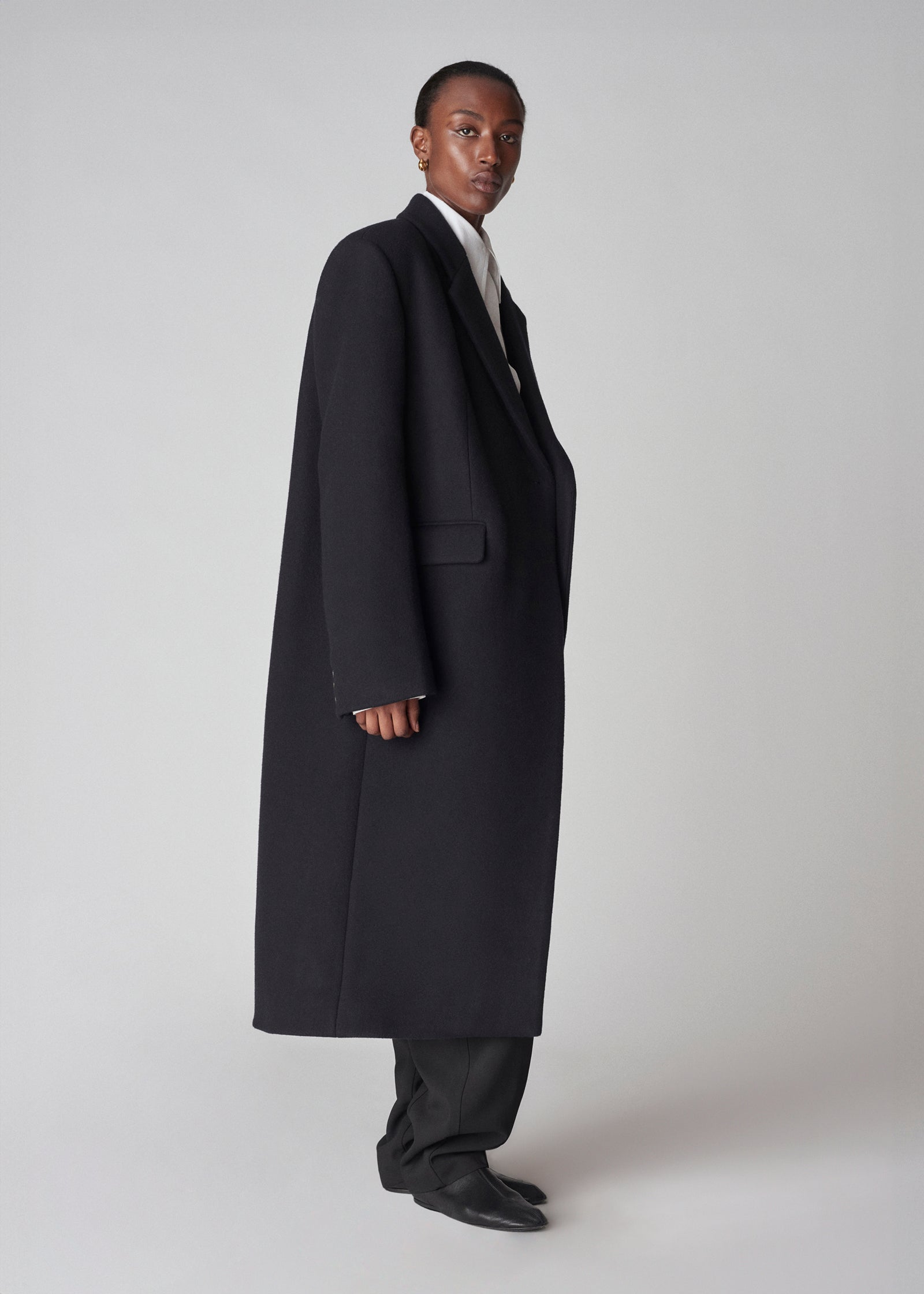 Single Button Coat in Melton Wool - Black