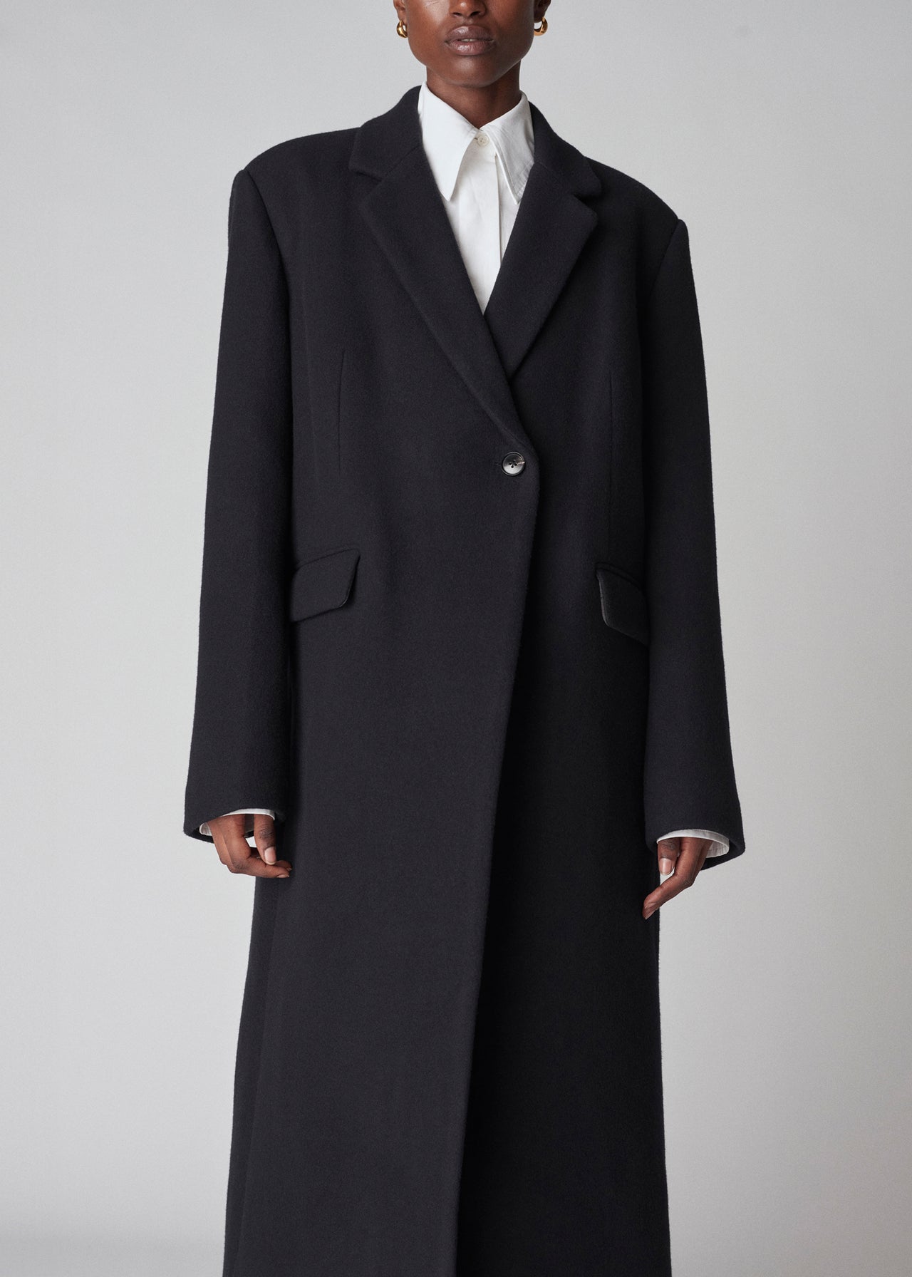 Single Button Coat in Melton Wool - Black