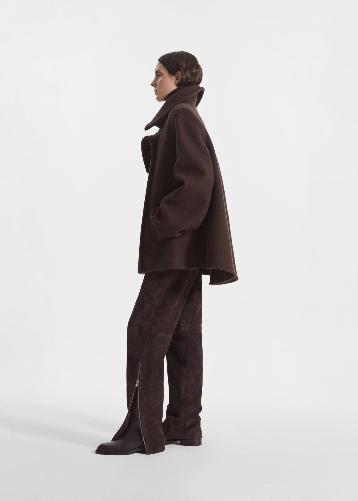 Flying Collar Swing Coat in Wool - Chocolate, image 2 of 7