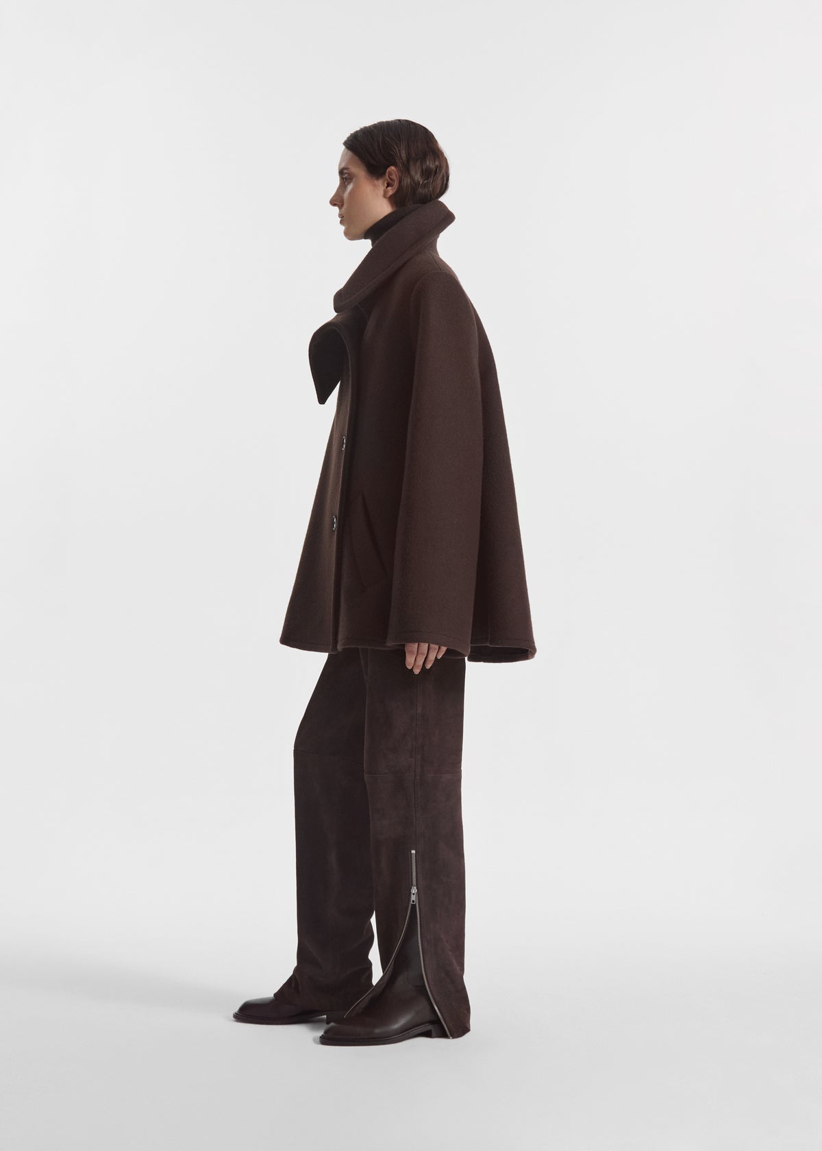 Flying Collar Swing Coat in Wool - Chocolate, image 3 of 7