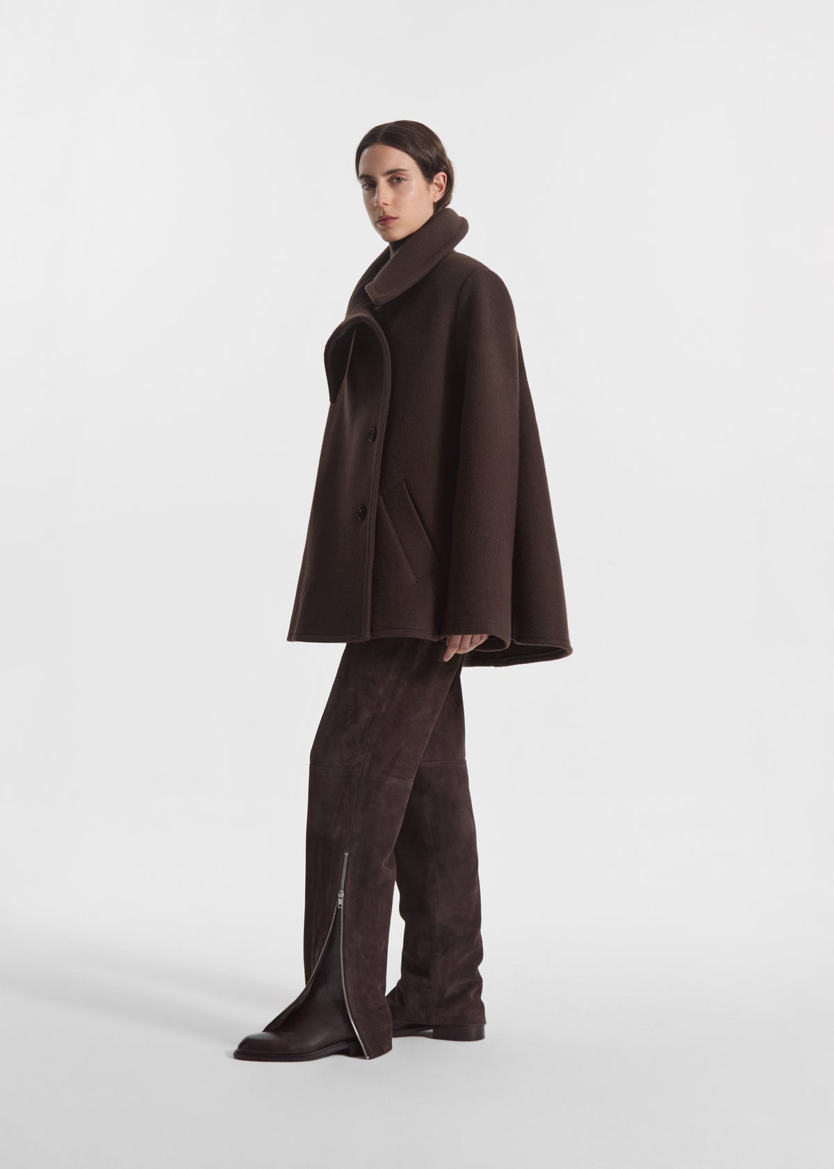 Flying Collar Swing Coat in Wool - Chocolate, image 4 of 7