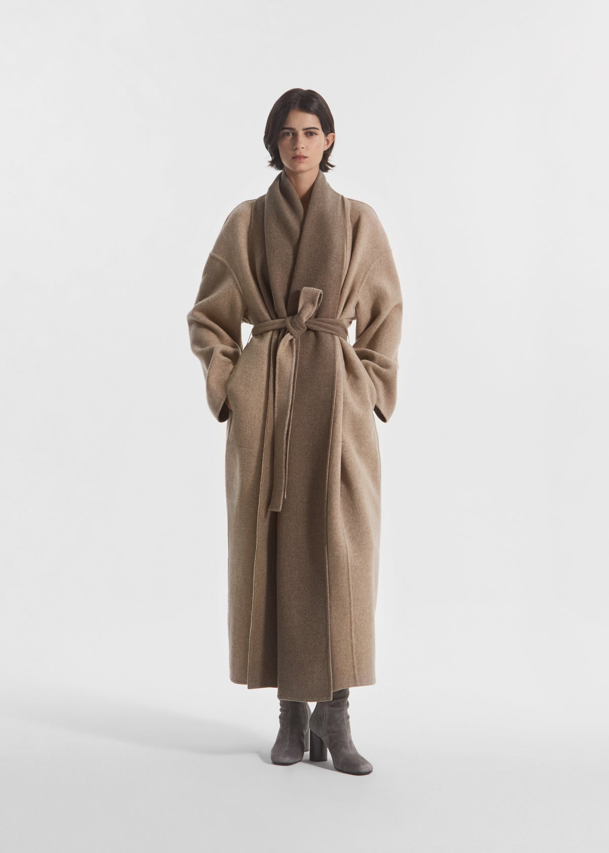 Scarf Neck Coat in Wool Cashmere - Taupe, image 2 of 5