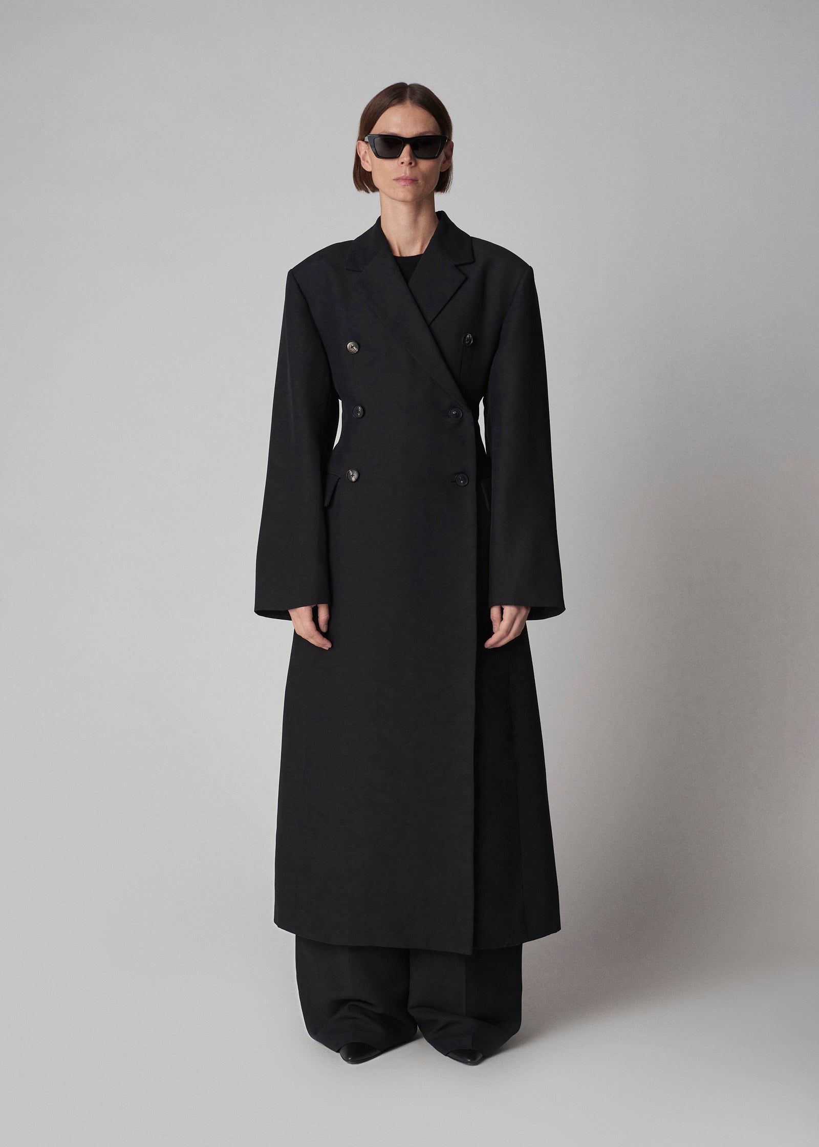 Double Breasted A Line Coat in Faille - Black - CO Collections