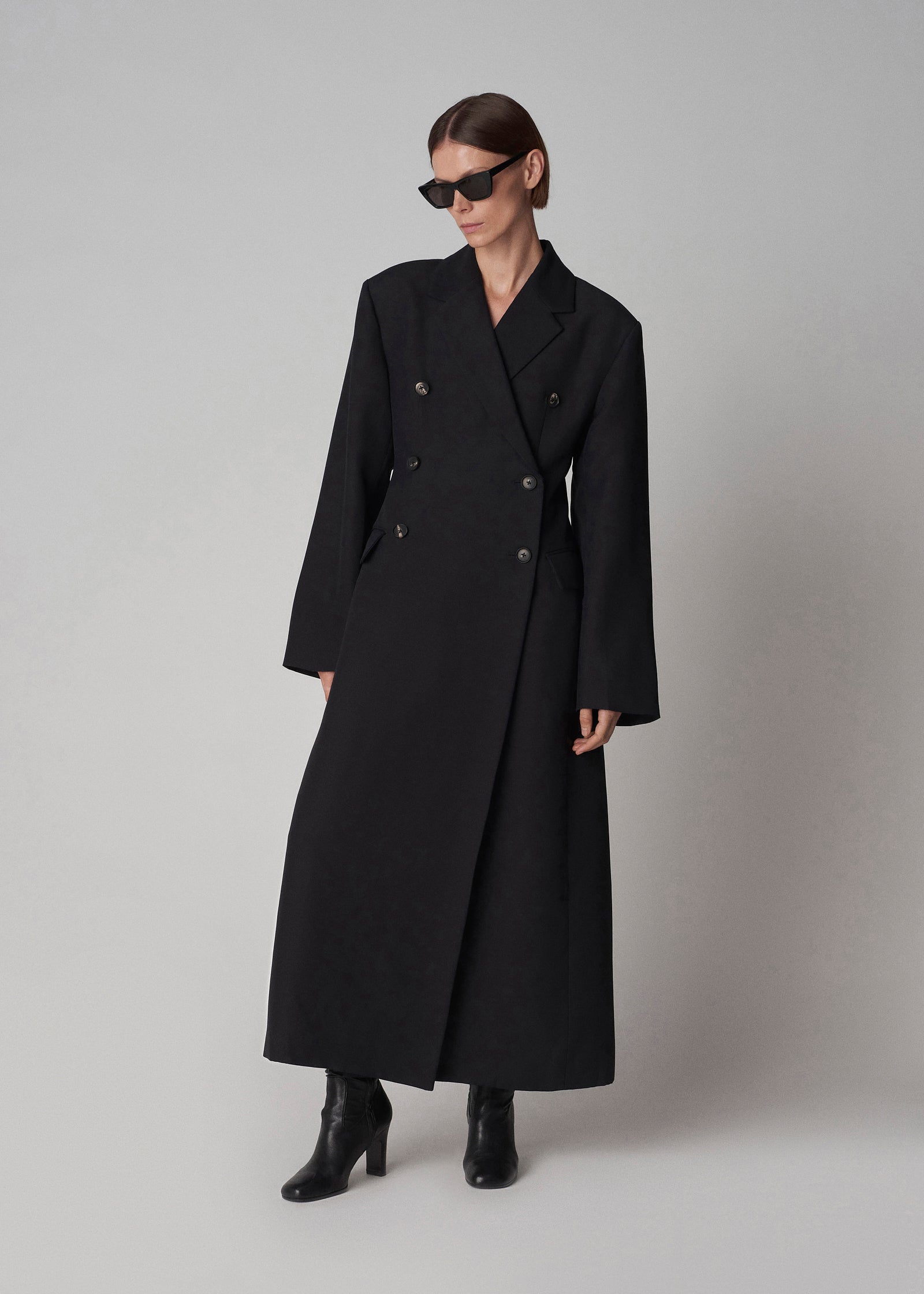 Double Breasted A Line Coat in Faille - Black | CO