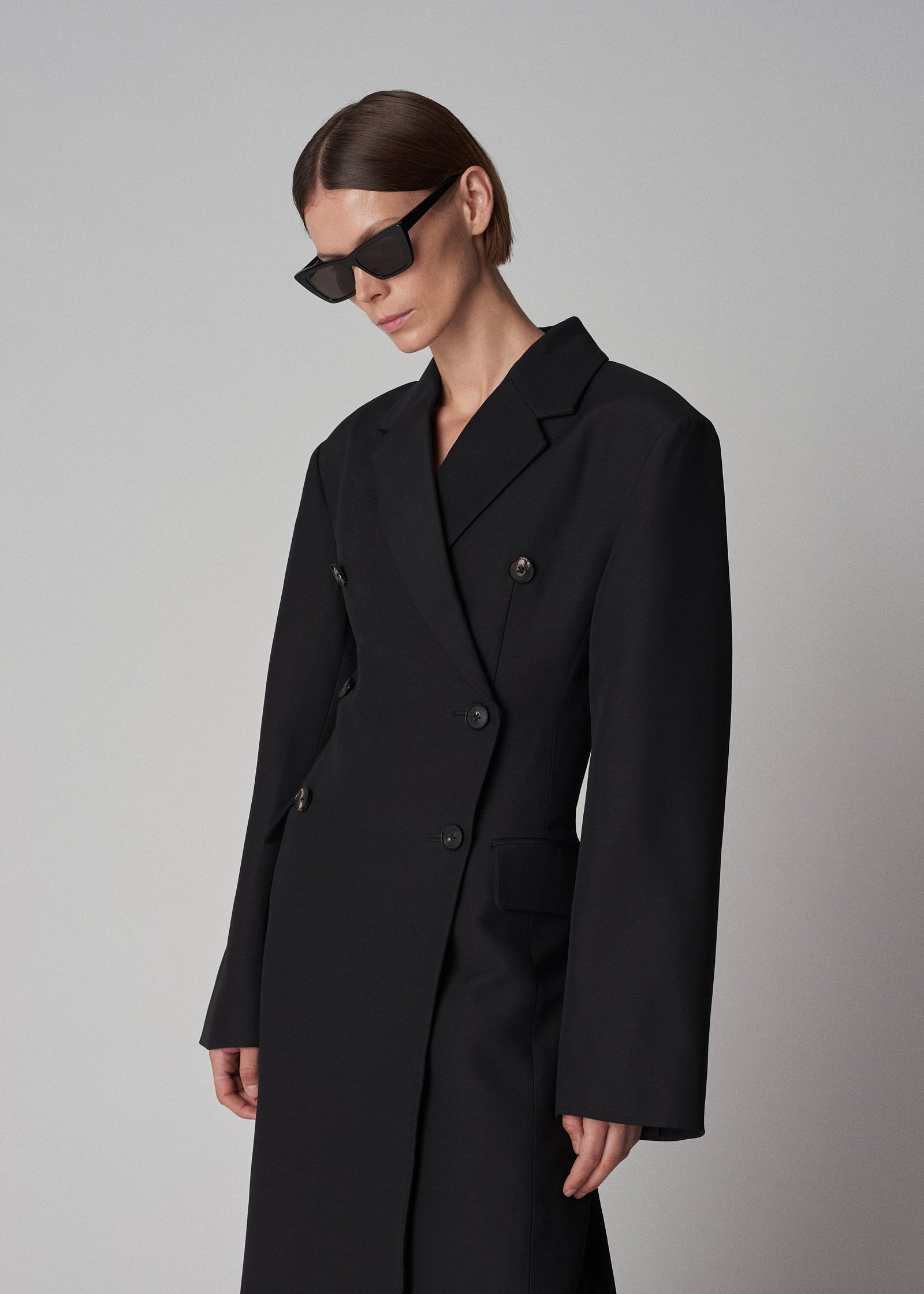 Double Breasted A Line Coat in Faille - Black - CO Collections