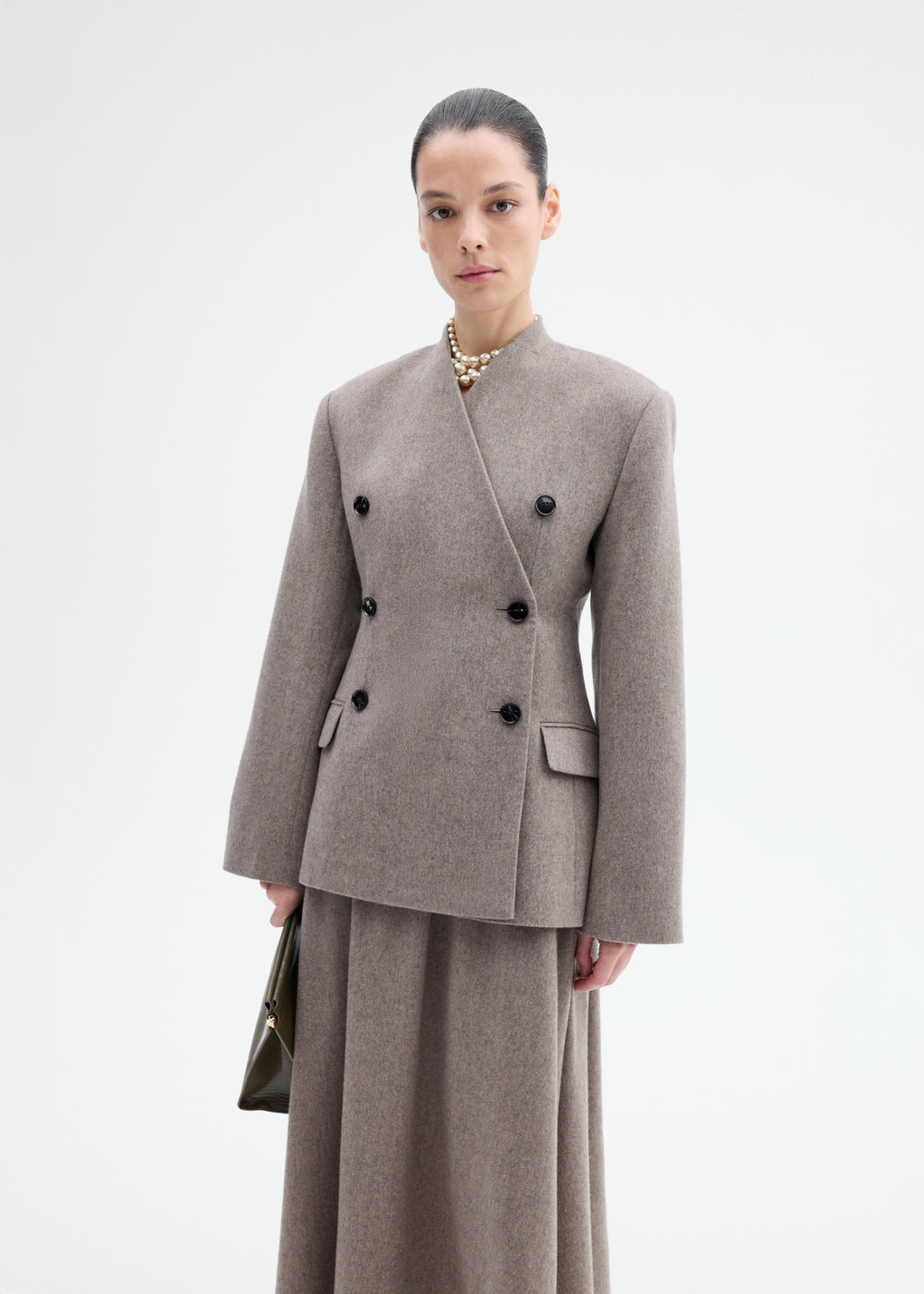Sculptural Collarless Blazer in Wool Cashmere - Oatmeal - CO