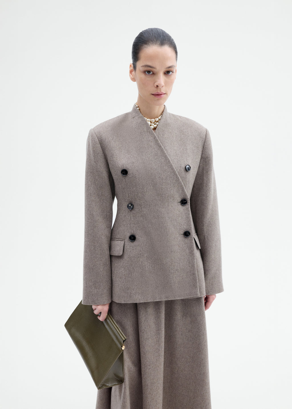 Sculptural Collarless Blazer in Wool Cashmere - Oatmeal - CO