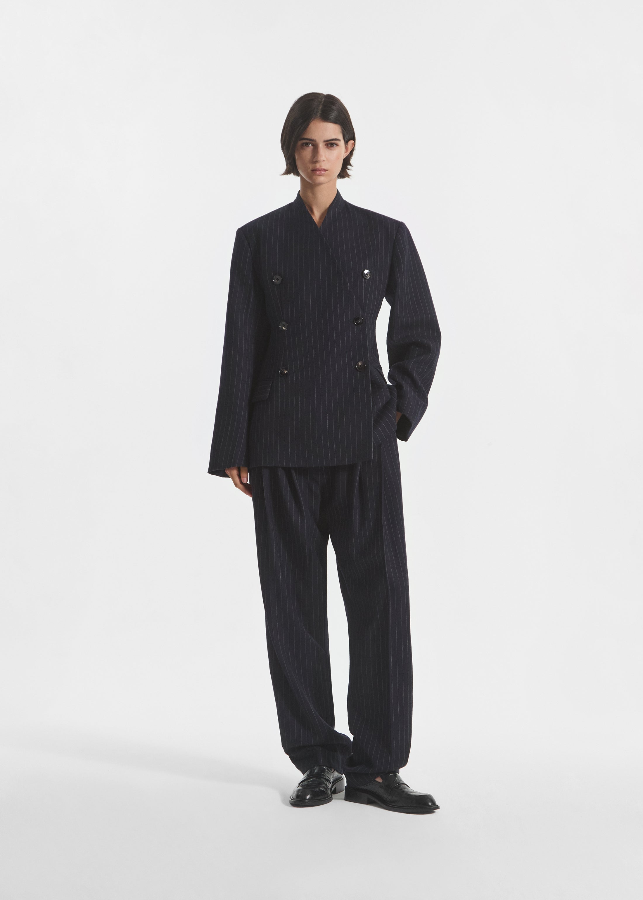Double Breasted Collarless Blazer in Pinstripe Wool - Navy Stripe