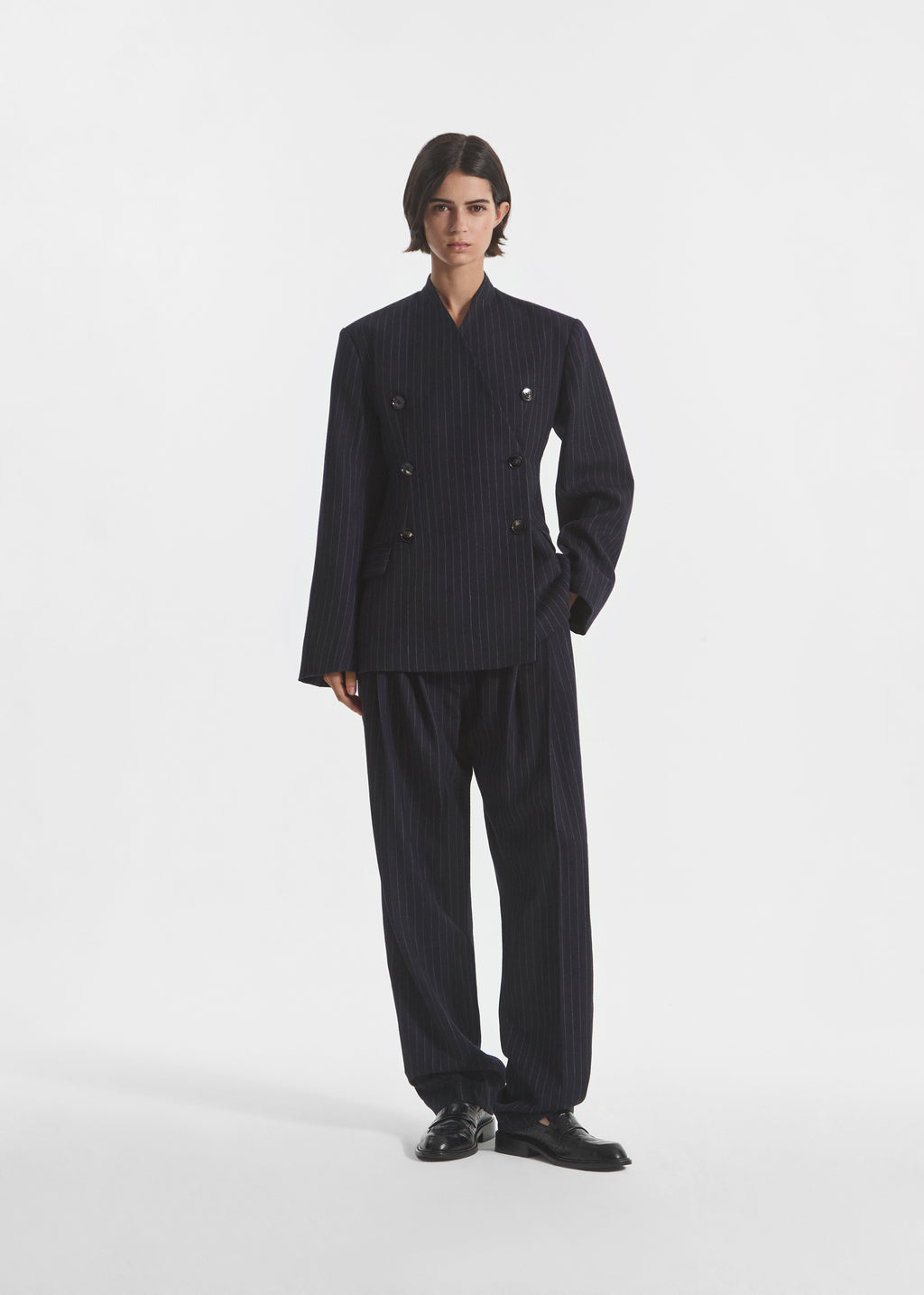 Double Breasted Collarless Blazer in Pinstripe Wool - Navy Stripe - CO