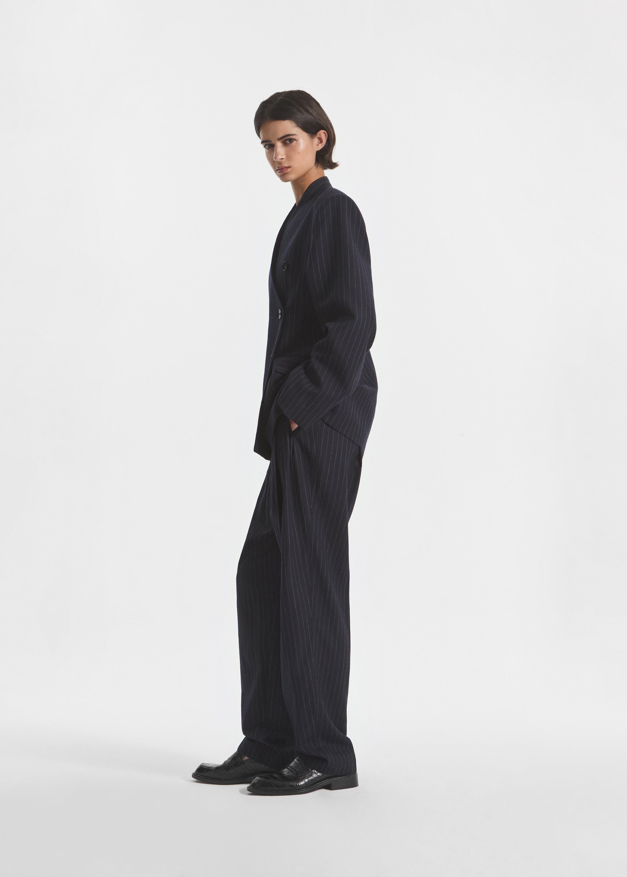 Double Breasted Collarless Blazer in Pinstripe Wool - Navy Stripe