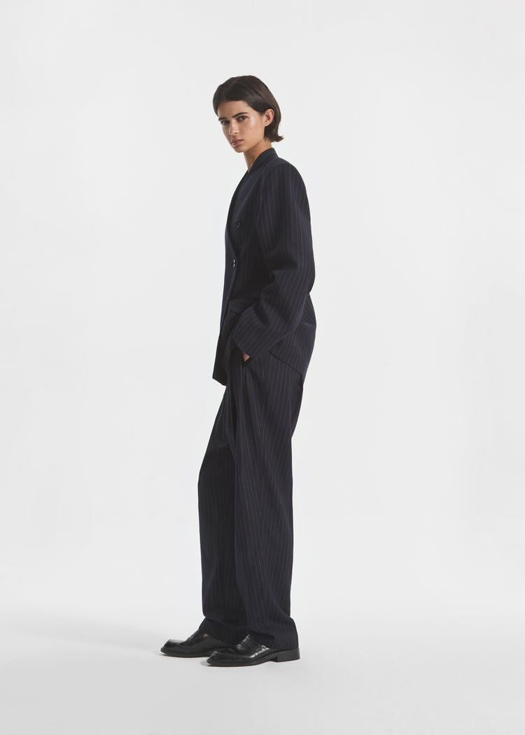 Double Breasted Collarless Blazer in Pinstripe Wool - Navy Stripe, image 4 of 6