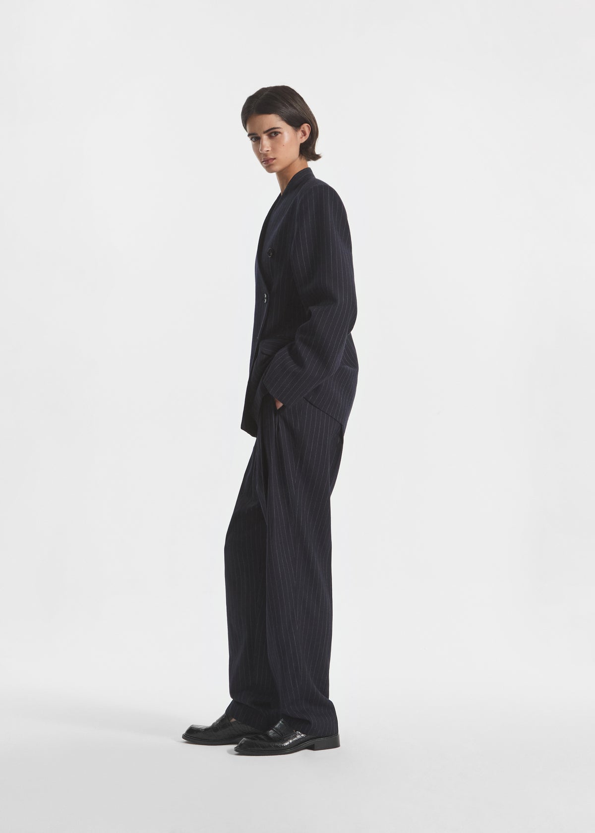 Double Breasted Collarless Blazer in Pinstripe Wool - Navy Stripe, image 4 of 6
