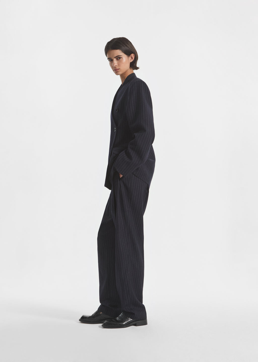 Double Breasted Collarless Blazer in Pinstripe Wool - Navy Stripe - CO