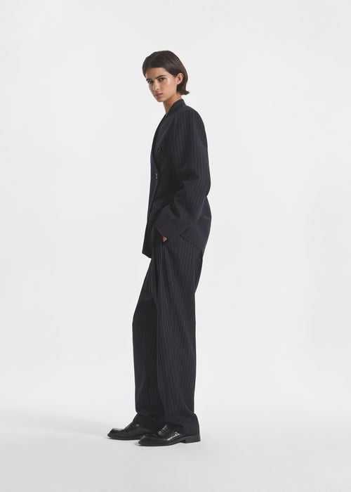 Double Breasted Collarless Blazer in Pinstripe Wool - Navy Stripe, image 4 of 6