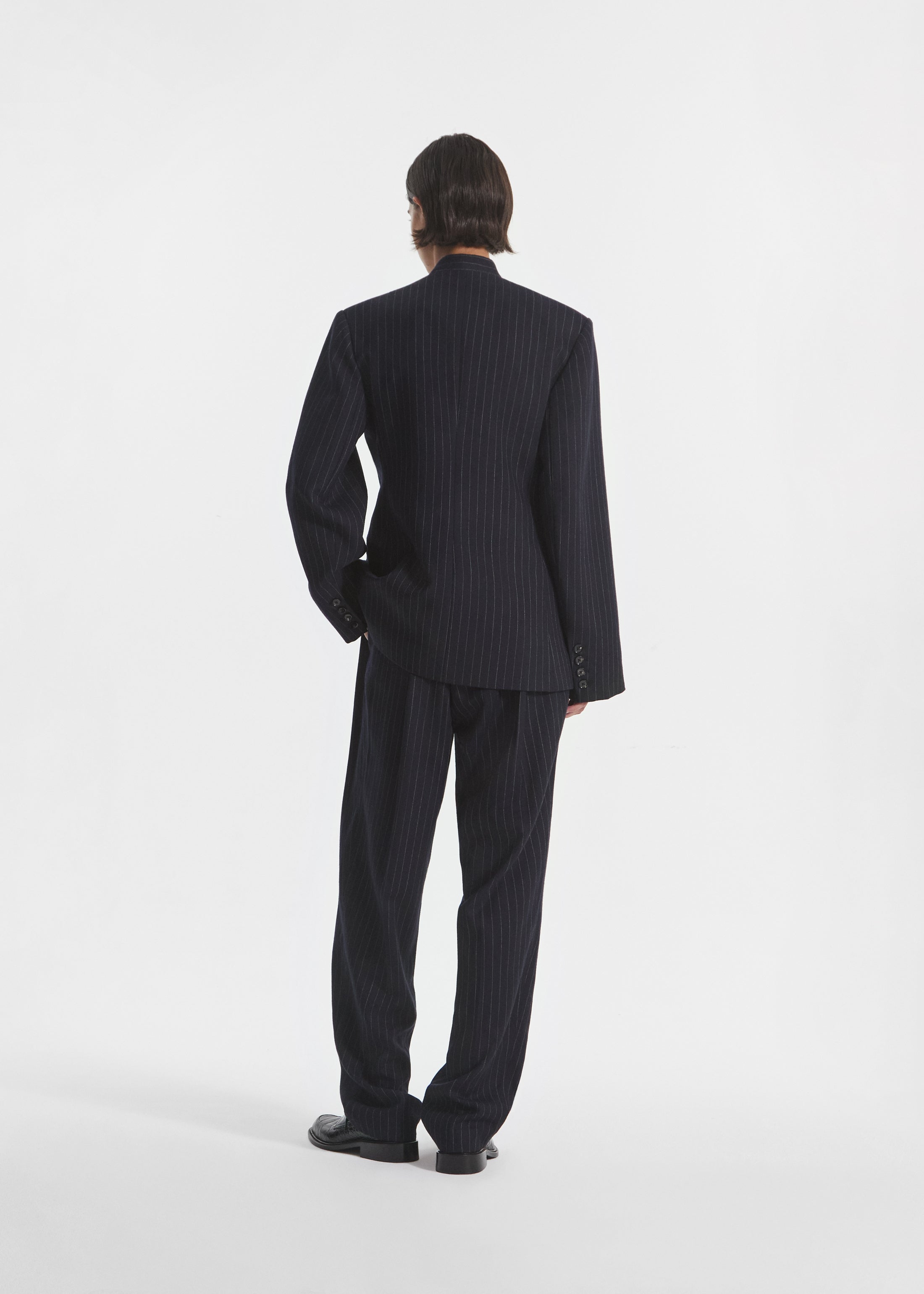 Double Breasted Collarless Blazer in Pinstripe Wool - Navy Stripe