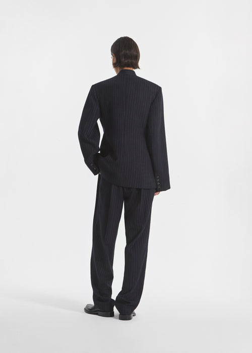Double Breasted Collarless Blazer in Pinstripe Wool - Navy Stripe, image 3 of 6