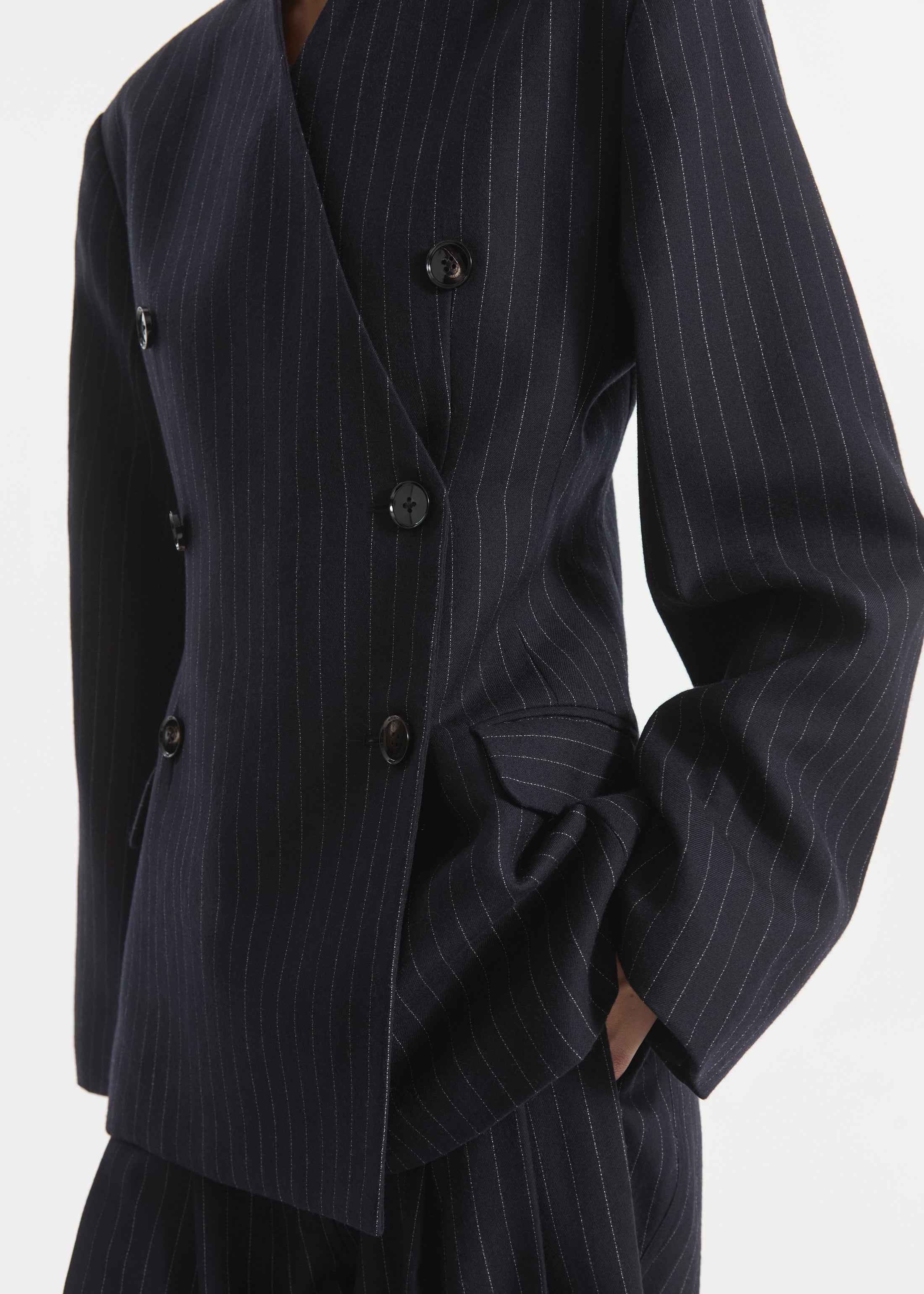 Double Breasted Collarless Blazer in Pinstripe Wool - Navy Stripe