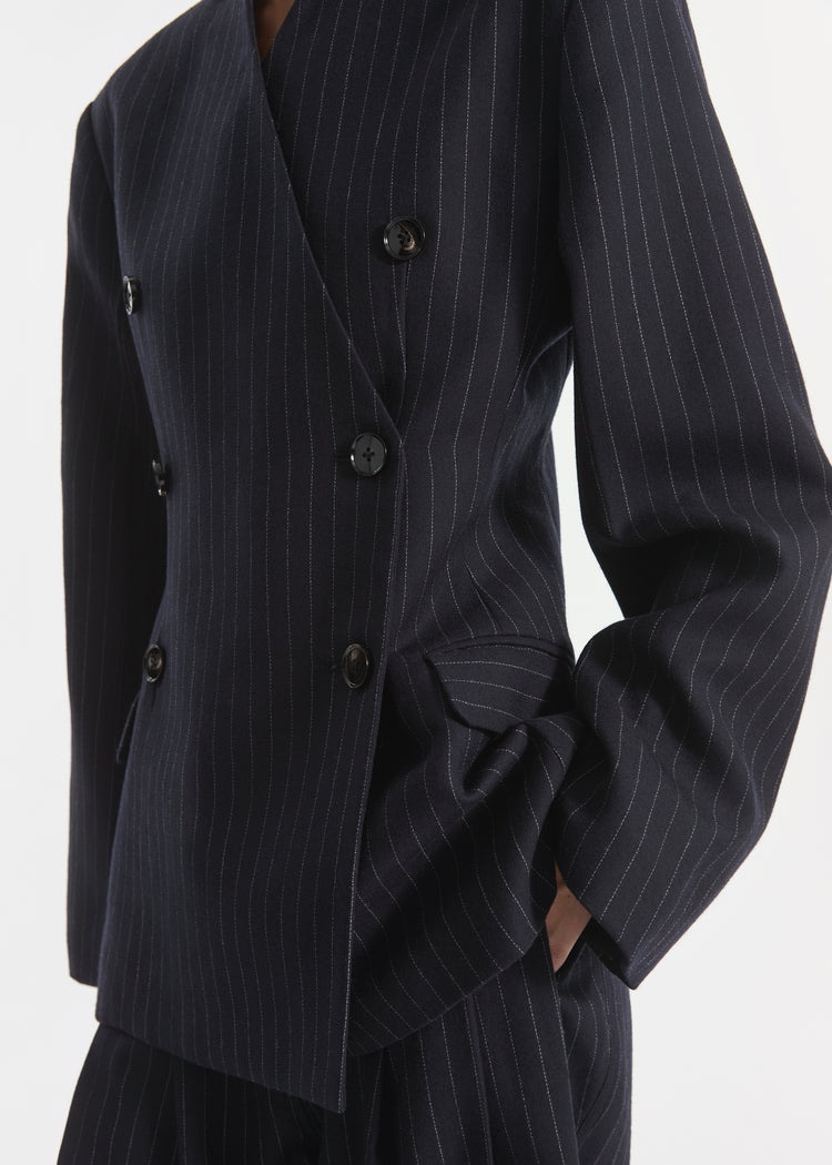 Double Breasted Collarless Blazer in Pinstripe Wool - Navy Stripe, image 5 of 6