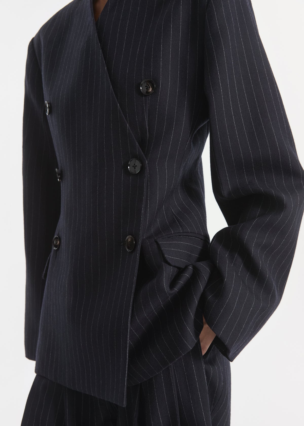 Double Breasted Collarless Blazer in Pinstripe Wool - Navy Stripe, image 5 of 6