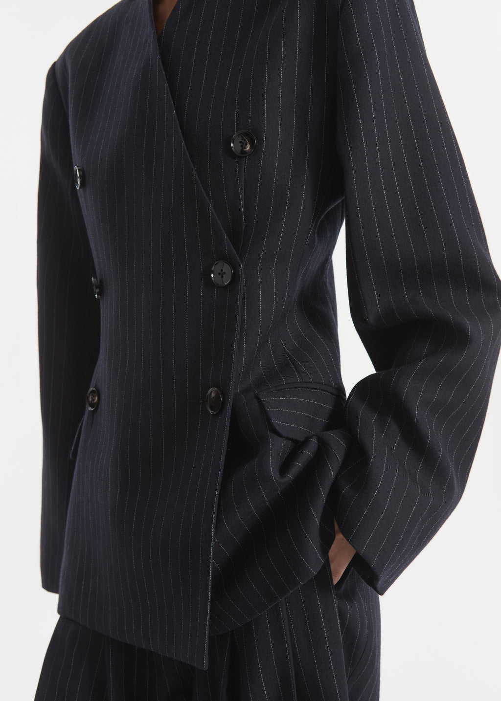 Double Breasted Collarless Blazer in Pinstripe Wool - Navy Stripe - CO