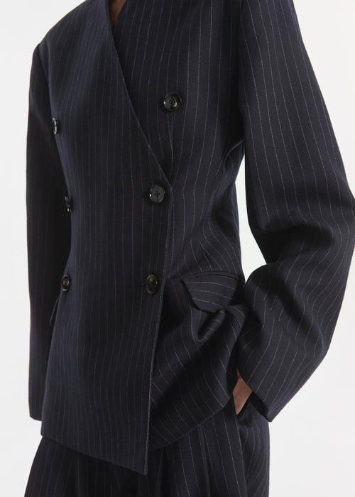 Double Breasted Collarless Blazer in Pinstripe Wool - Navy Stripe, image 5 of 6