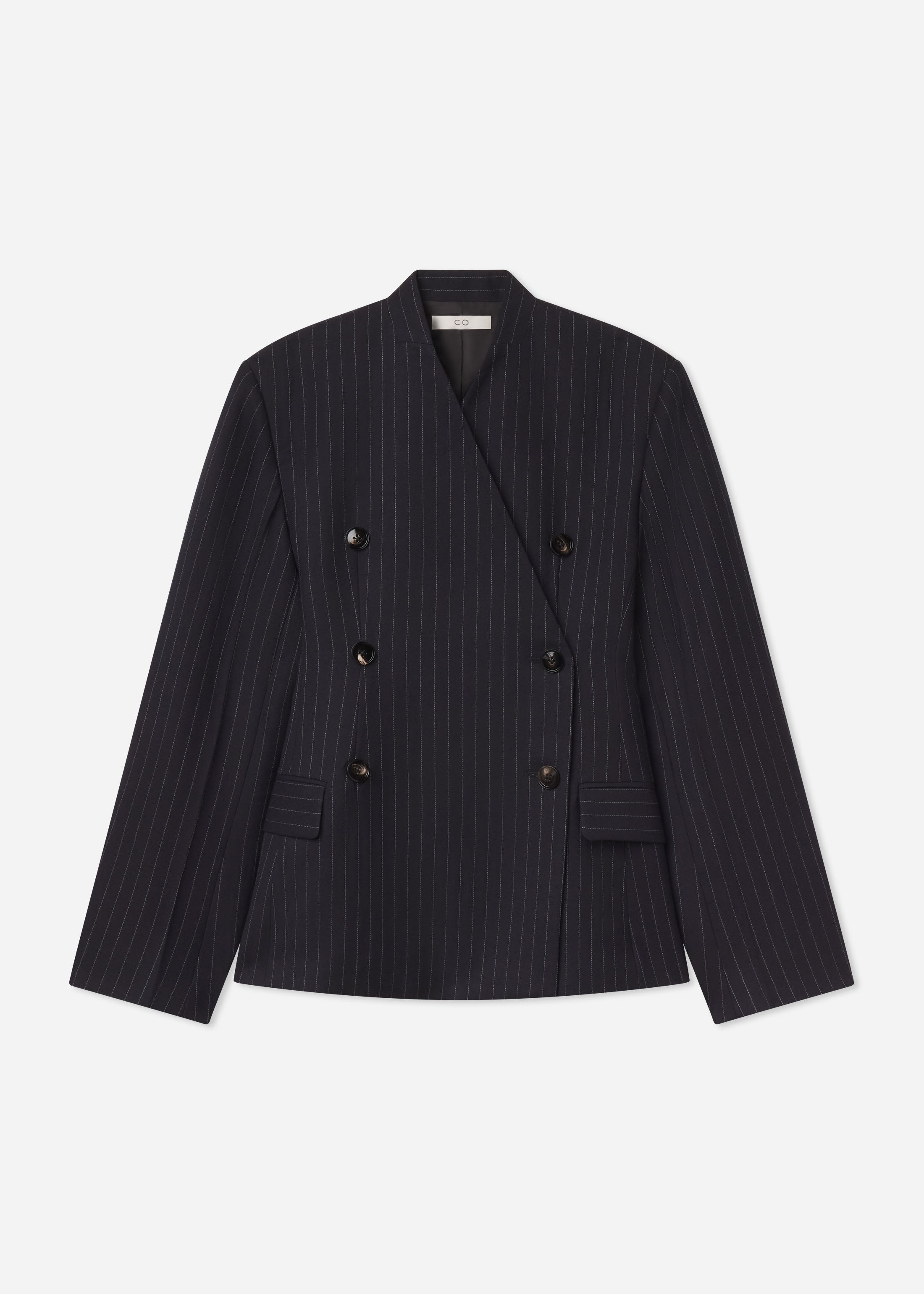 Double Breasted Collarless Blazer in Pinstripe Wool - Navy Stripe