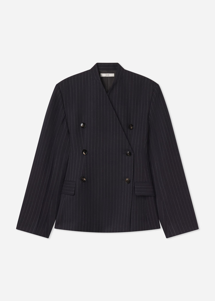 Double Breasted Collarless Blazer in Pinstripe Wool - Navy Stripe, image 6 of 6