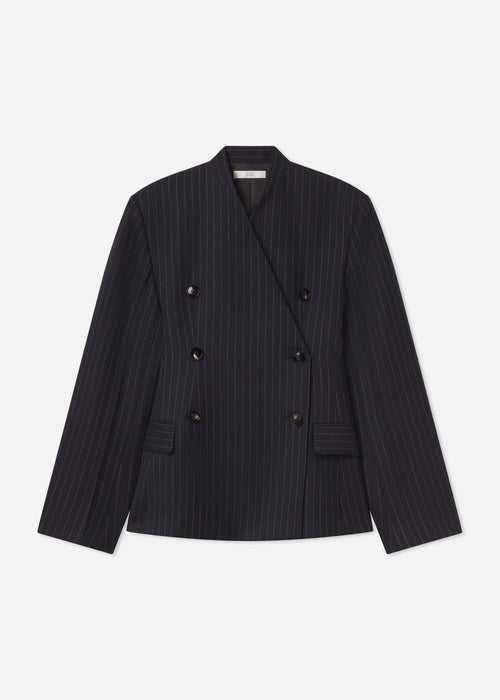 Double Breasted Collarless Blazer in Pinstripe Wool - Navy Stripe, image 6 of 6