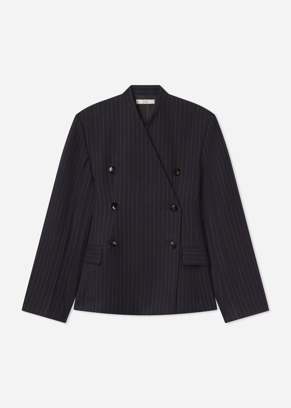 Double Breasted Collarless Blazer in Pinstripe Wool - Navy Stripe - CO