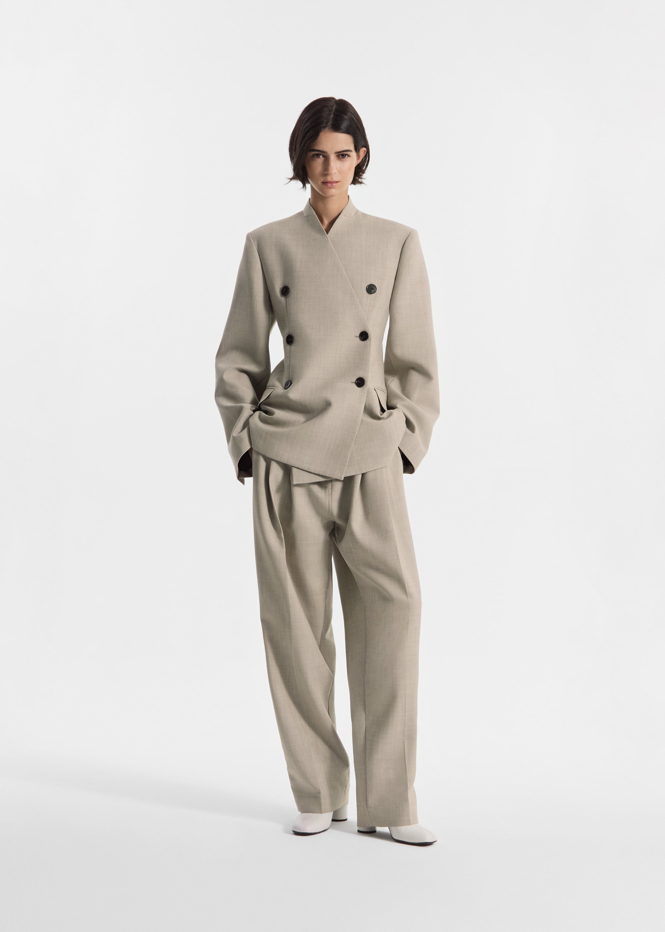 Double Breasted Collarless Blazer in Virgin Wool - Oatmeal Melange
