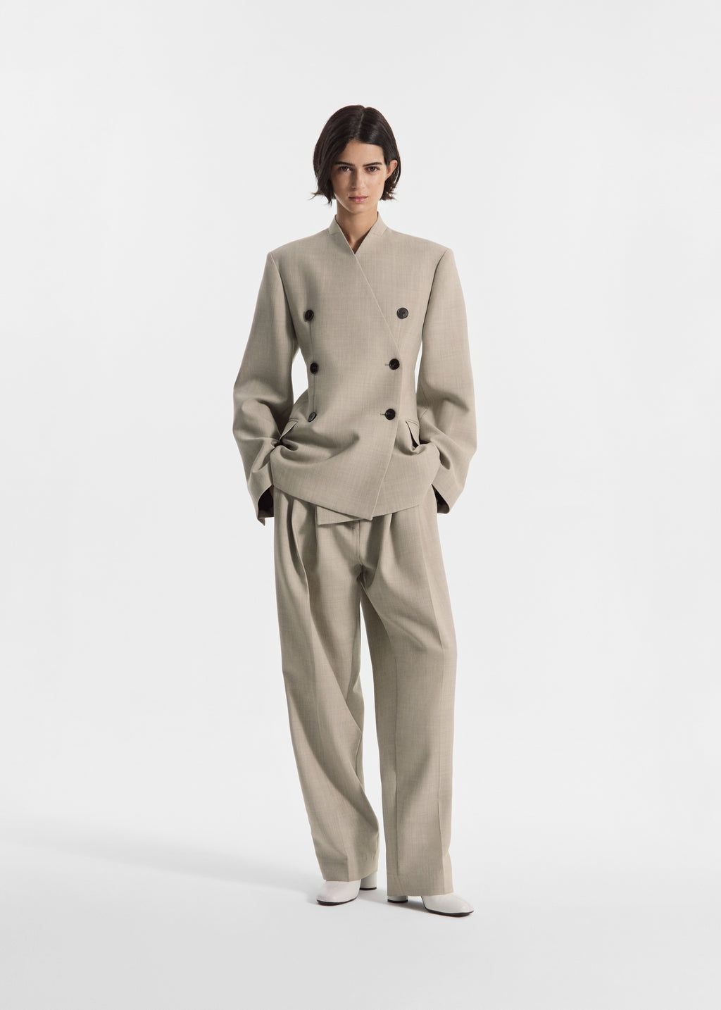 Double Breasted Collarless Blazer in Virgin Wool - Oatmeal Melange - CO