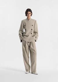 Double Breasted Collarless Blazer in Virgin Wool - Oatmeal Melange
