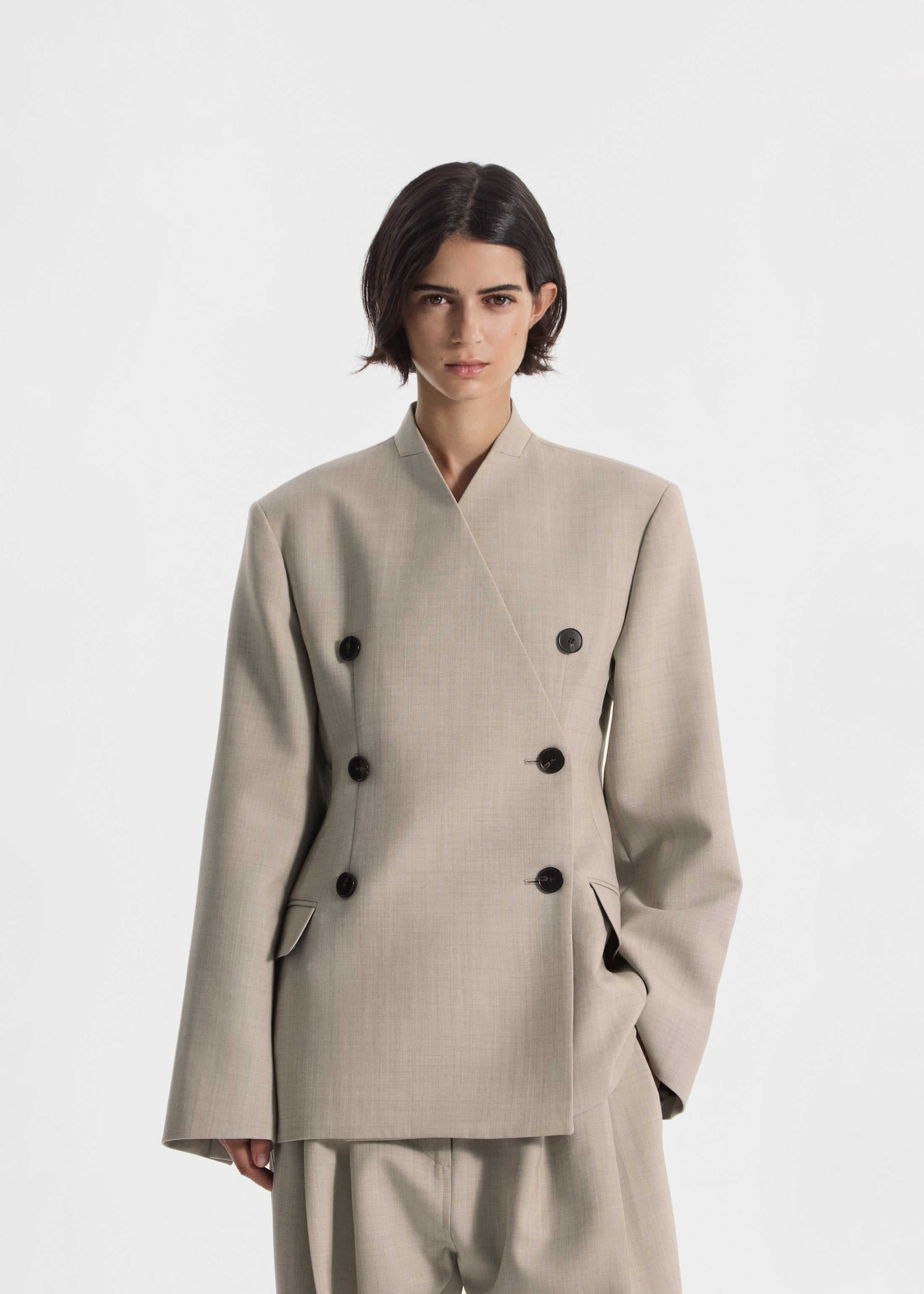Double Breasted Collarless Blazer in Virgin Wool - Oatmeal Melange
