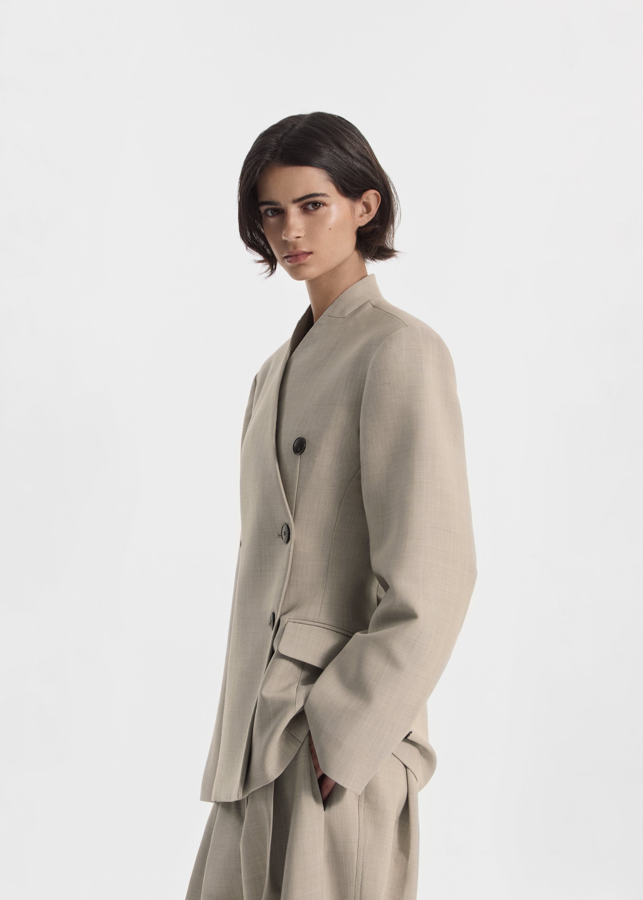 Double Breasted Collarless Blazer in Virgin Wool - Oatmeal Melange