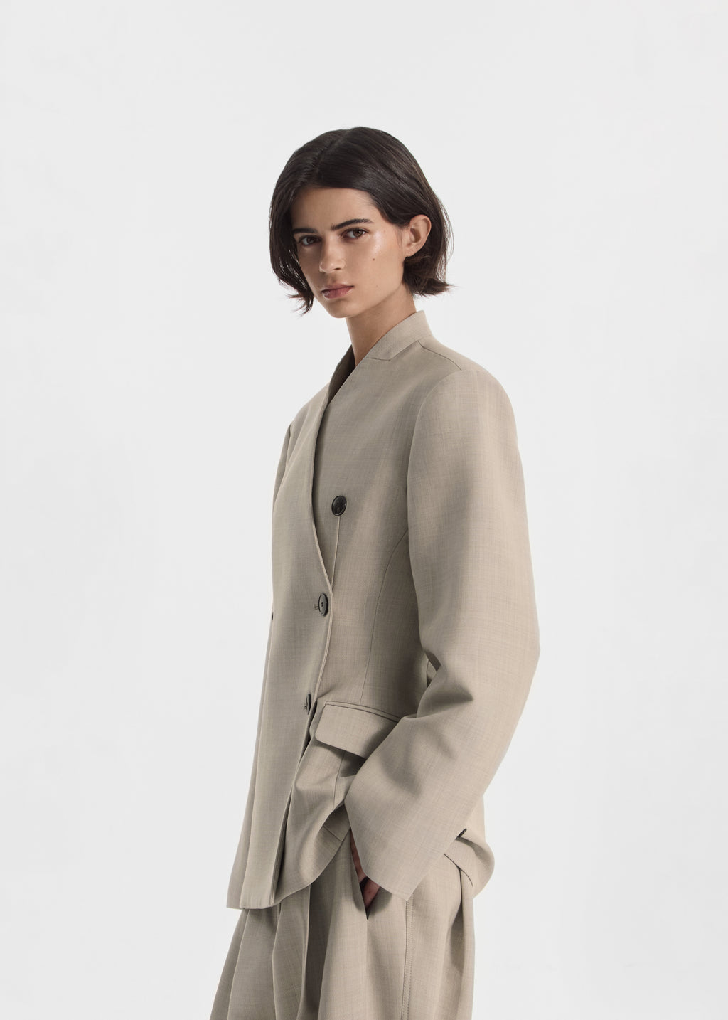 Double Breasted Collarless Blazer in Virgin Wool - Oatmeal Melange - CO