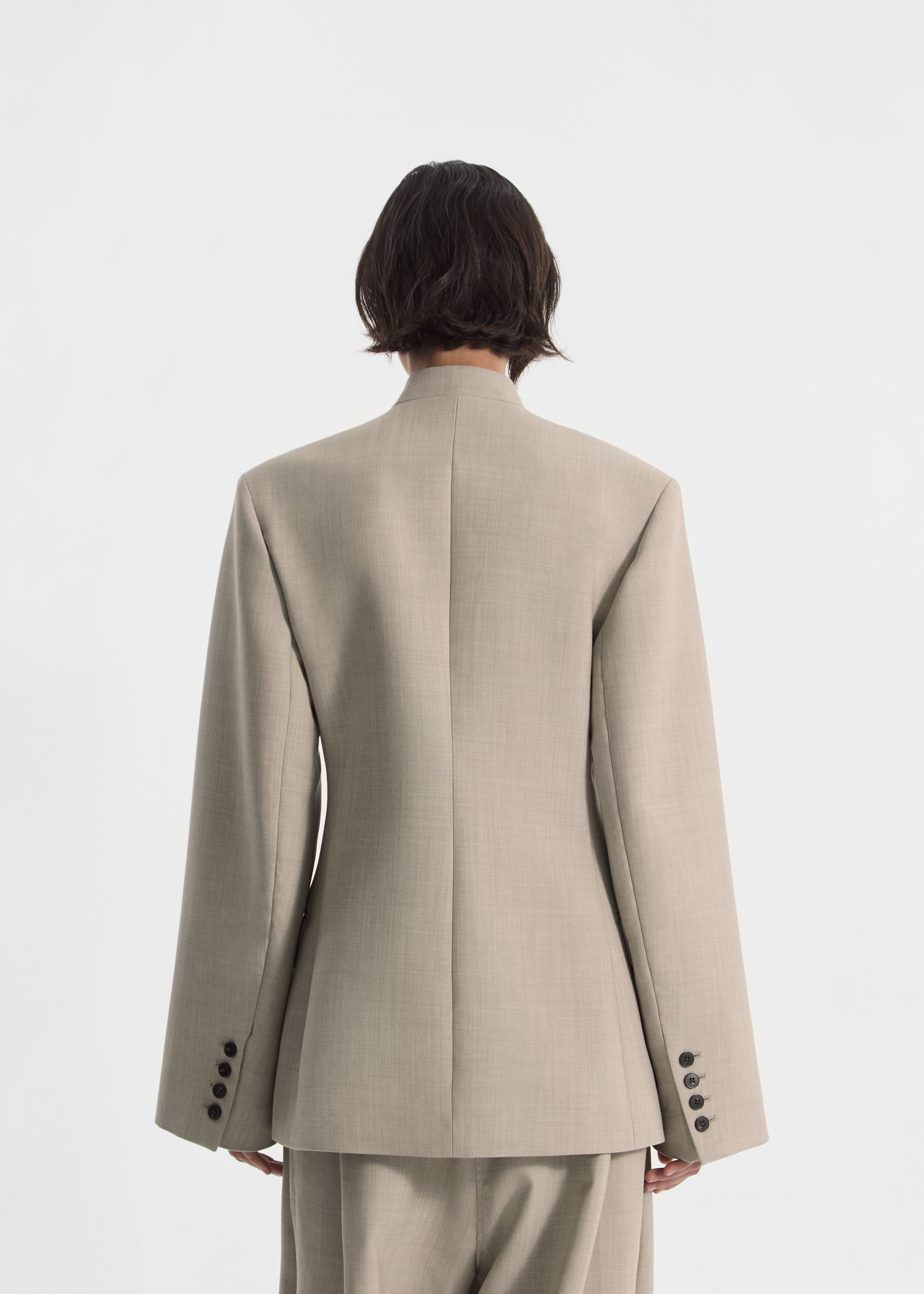 Double Breasted Collarless Blazer in Virgin Wool - Oatmeal Melange