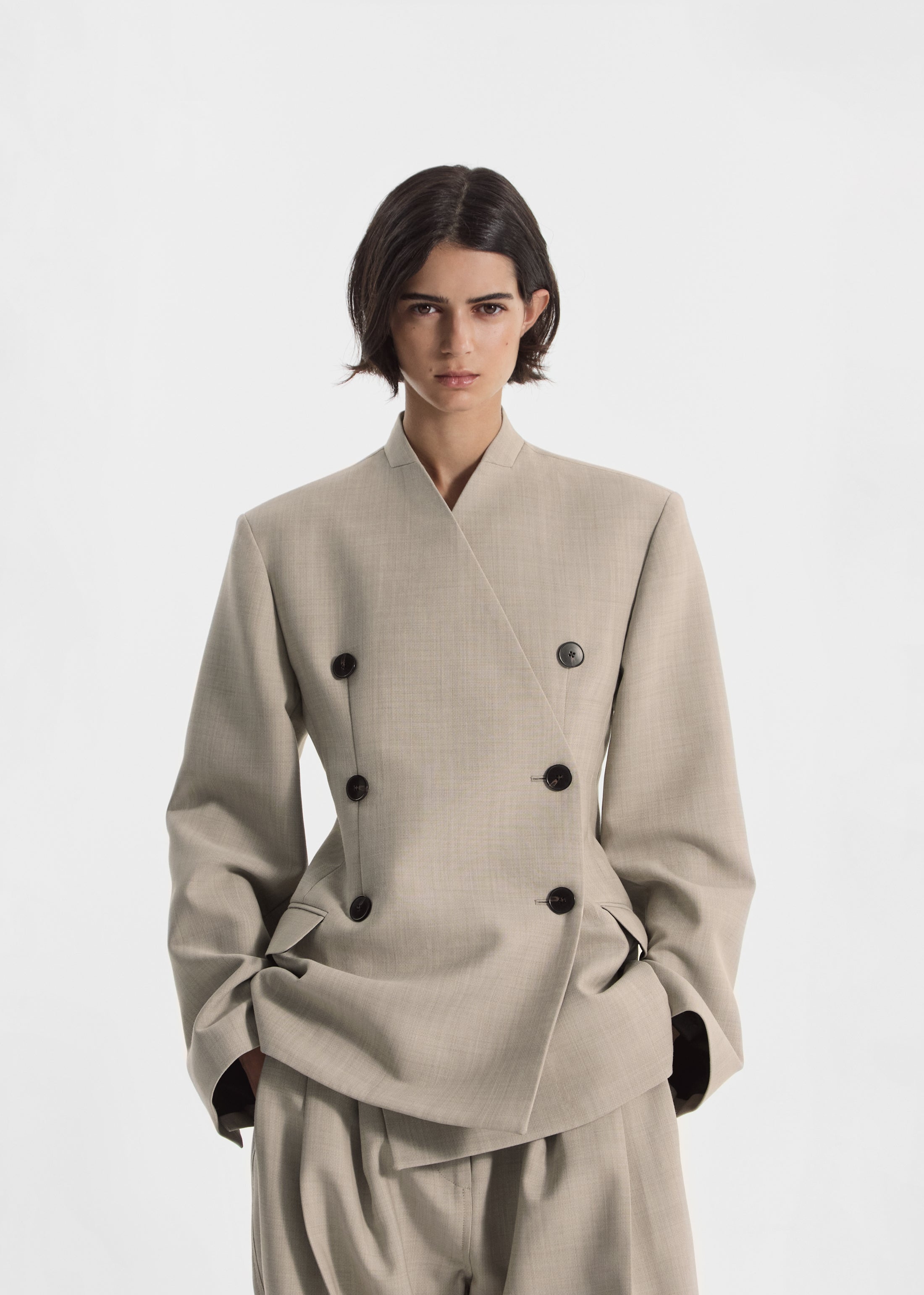 Double Breasted Collarless Blazer in Virgin Wool - Oatmeal Melange
