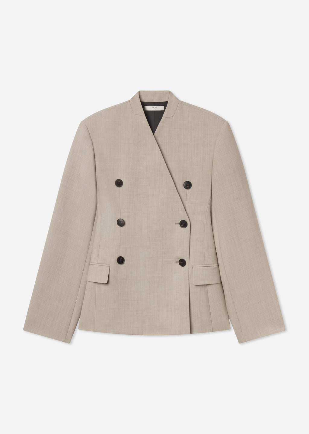 Double Breasted Collarless Blazer in Virgin Wool - Oatmeal Melange - CO