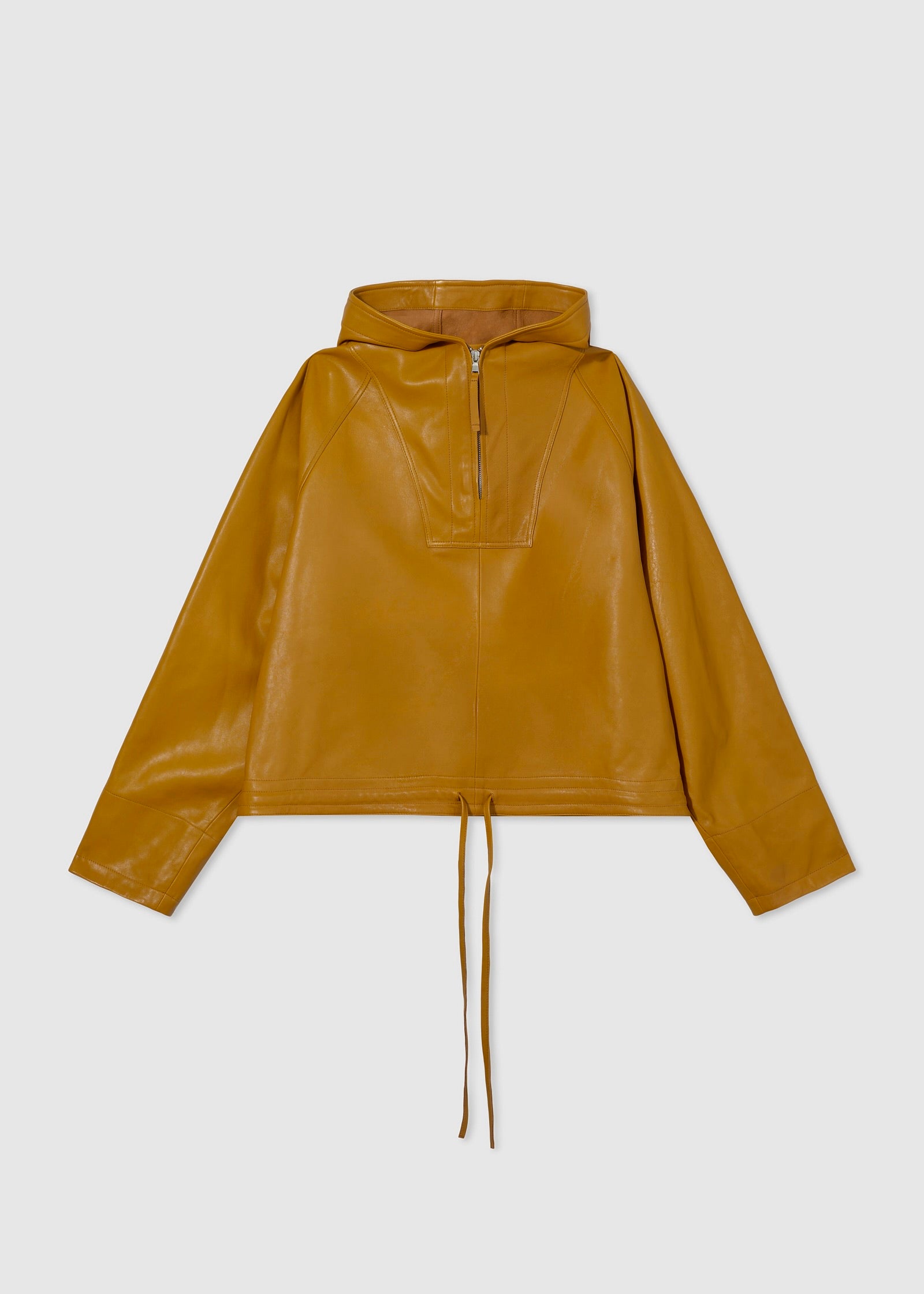 Hooded Half Zip Pullover in Leather - Ochre