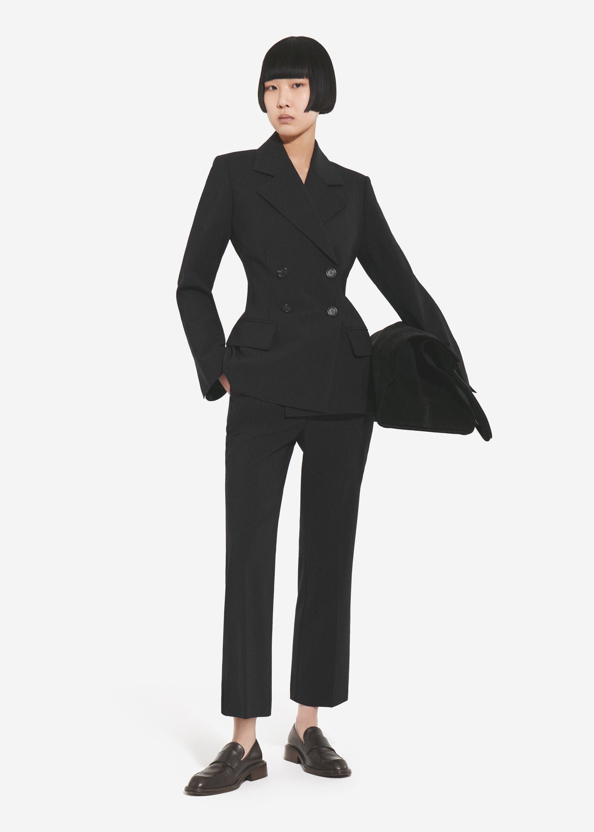 Double Breasted Fitted Blazer in Wool - Black, image 1 of 4