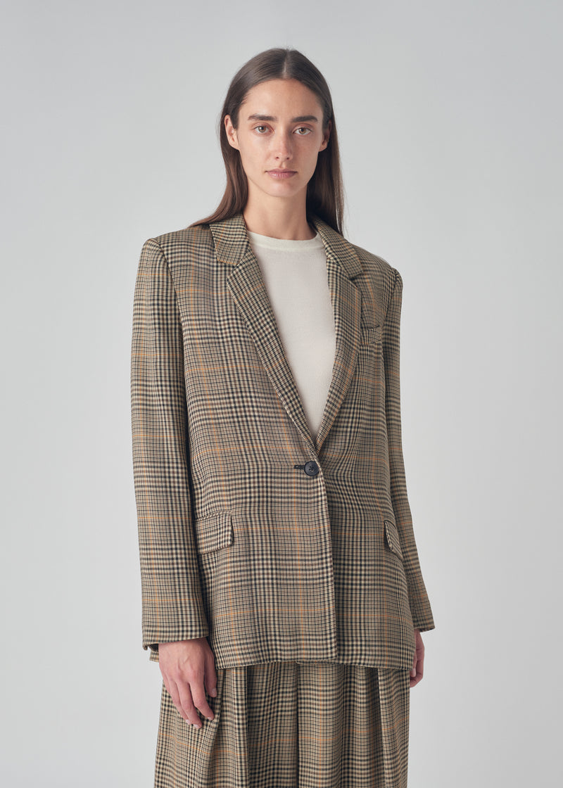 Boyfriend Blazer in Lightweight Tweed  - Brown Plaid - CO